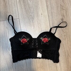 Intimissimi Black Lace Bralette with Red Rose Embroidery and Rhinestone.